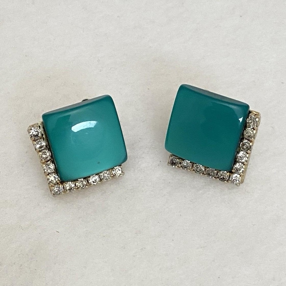 VTG Coro Earrings Clip On Square Rhinestones Teal Moonglow Cabochon Lucite MCM